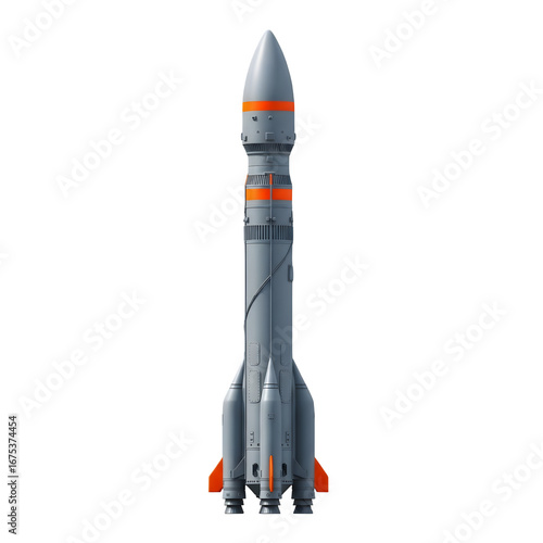 A detailed illustration of a gray rocket with orange accents, isolated on transparent background, showcasing space exploration and technological innovation