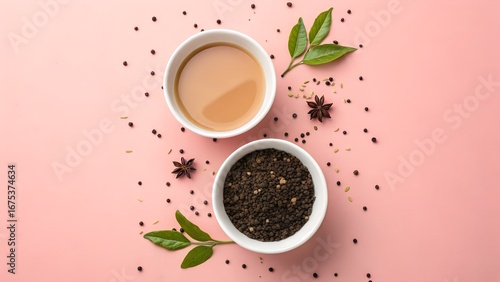 Two bowls of tea ingredients and spices on a pink background