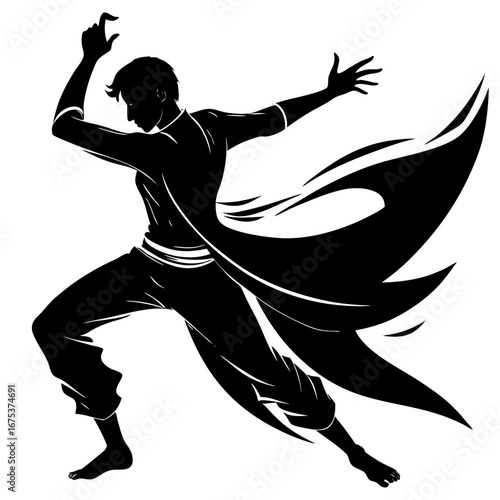 Energetic silhouette of male figure mid-stride with cape-like garment, fluid movement, speed, dance-like dramatic pose