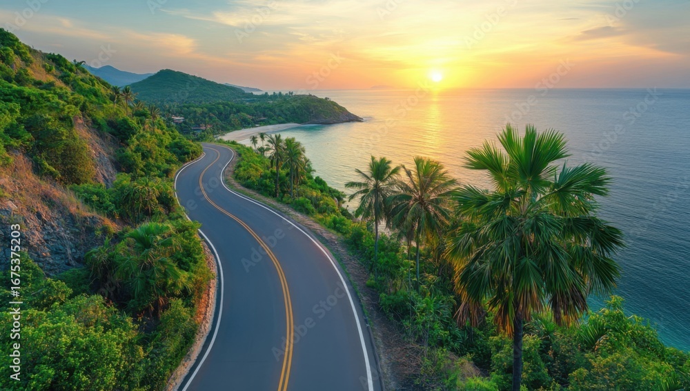 Fototapeta premium Winding coastal road through lush tropical landscape with palm trees, leading to serene ocean under golden sunset sky, capturing travel adventure and natural beauty concept for vacation and getaway in