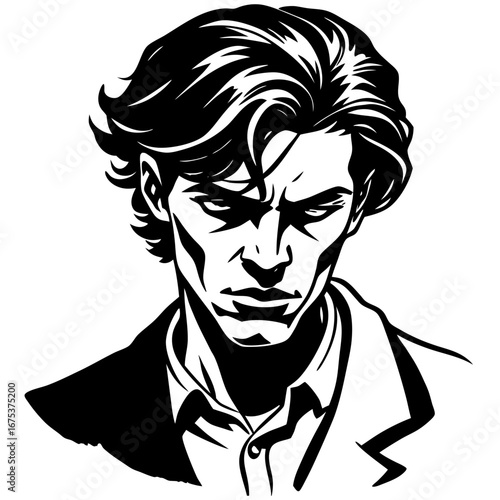 Dramatic headshot silhouette of man with wavy hair, piercing eyes, stern expression, film noir inspired mystery style