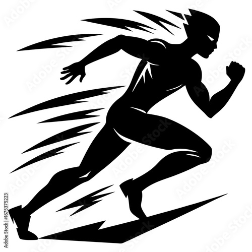 Dynamic silhouette of runner mid-stride with motion blur streaks, speed, agility, athletic energy and momentum