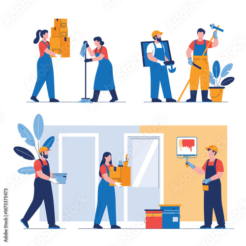 Professional team renovating home and office spaces, moving furniture, and cleaning for clients