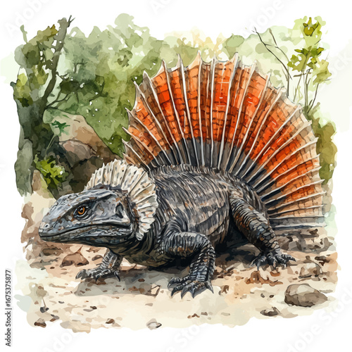 Dimetrodon, watercolor clipart vector, isolated on a white background.
