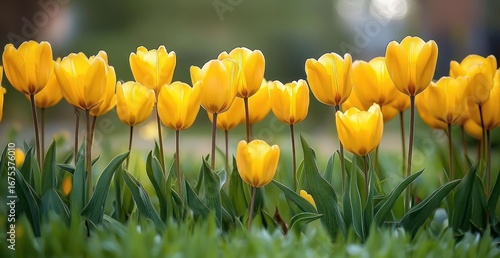 Close-up of vibrant yellow tulips blooming in a garden with green leaves and blurred natural background