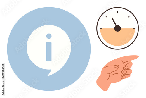 Information bubble in blue circle, progress gauge with partial fill, pointing hand gesture. Ideal for communication, progress, guidance, instructions, clarity, information flow simple flat metaphor