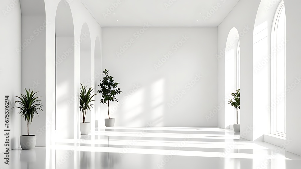 Fototapeta premium A serene and minimalistic interior showcasing a spacious room with arched columns and large windows, letting in soft natural light that creates a peaceful atmosphere