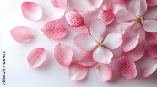 Delicate pink flower petals scattered on a soft white surface with one fully visible blossom showing intricate veins and gentle texture