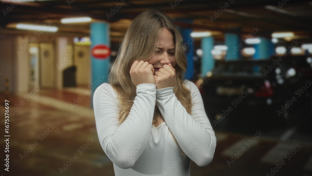 Fototapeta premium Blonde woman in parking garage covers mouth with hand beside a parked car as her eyes widen in fear; shock panic.