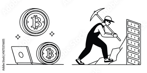 Bitcoin Mining Concept with Laptop and Miner Character cryptocurrency digital currency