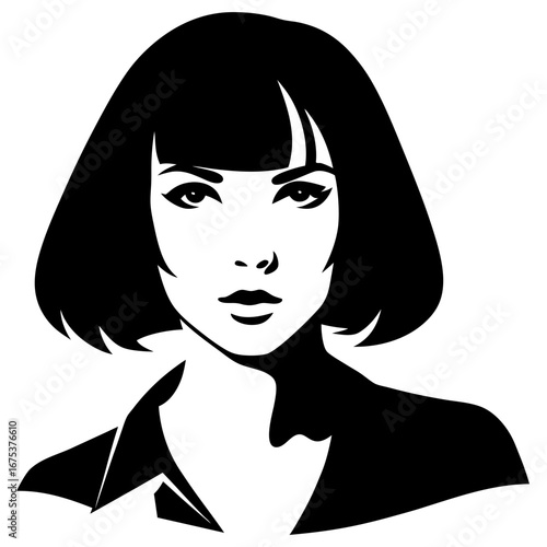 Powerful black and white portrait of woman with bob haircut, noir graphic style exuding mystery and allure