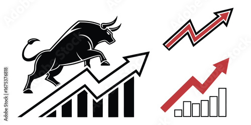 Black Bull Leaping Over Bar Chart Graph with Red Upward Trend Arrows stock market finance