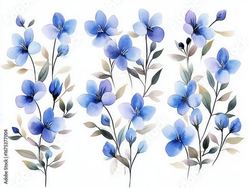 Delicate watercolor painting of blue and purple flowers with light green and beige leaves on white background evoking calm and elegance