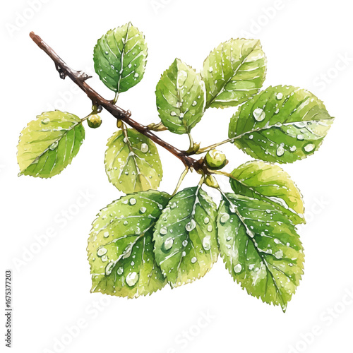 Dewy Green Spring Leaves, watercolor vector, isolated on a white background.