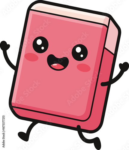 Cute anthropomorphic pink eraser character dancing with joy and energy.