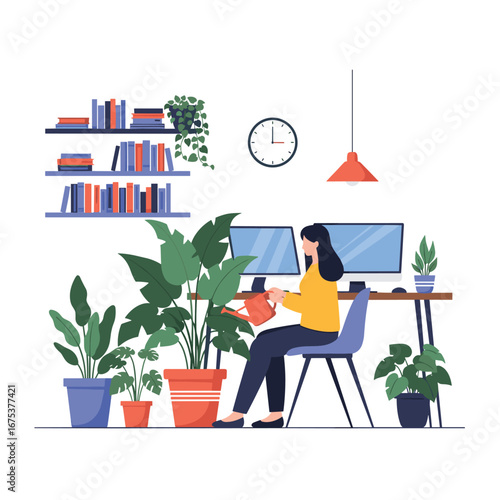 Woman tending indoor plants while working from home in a bright, modern, and green office space