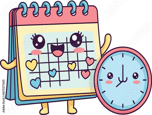 Cute Cartoon Calendar and Clock Illustration.