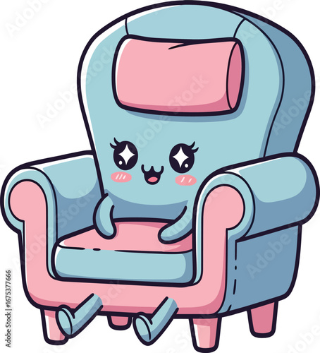 Adorable kawaii armchair character with a sweet smiling face.