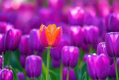 Close-up of a single vibrant orange and pink tulip standing tall among a field of purple tulips under natural light