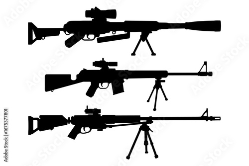 Silhouette of three sniper rifles with scopes and bipods representing precision and accuracy for military or hunting concepts
