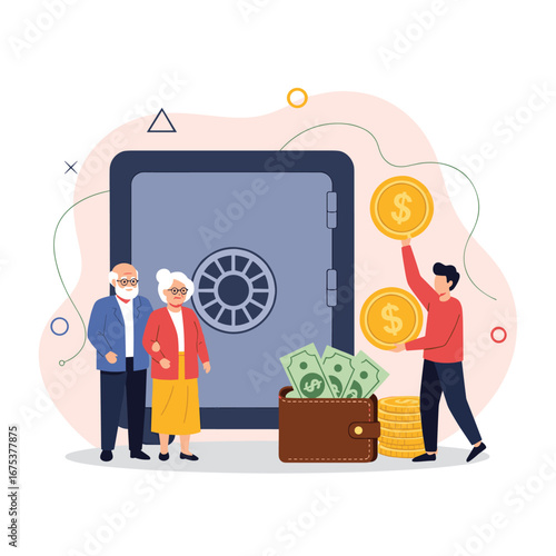 Happy senior couple and financial advisor planning retirement savings with secure vault