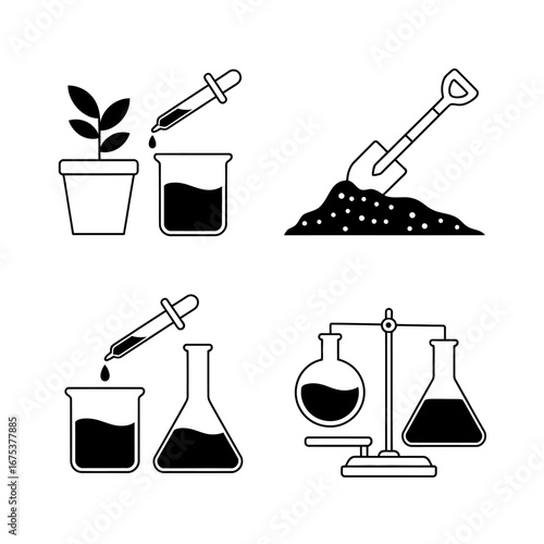 Science and Agriculture Icons in Black and White Depicting Plant Growth Soil Analysis and Laboratory Experiments