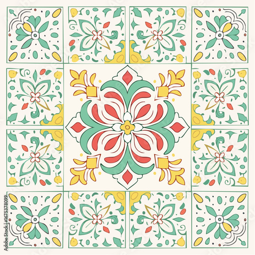 Italian colorful ceramic tile pattern. Doodle sketch ink. Mediterranean porcelain pottery. Minimalist vector line art.