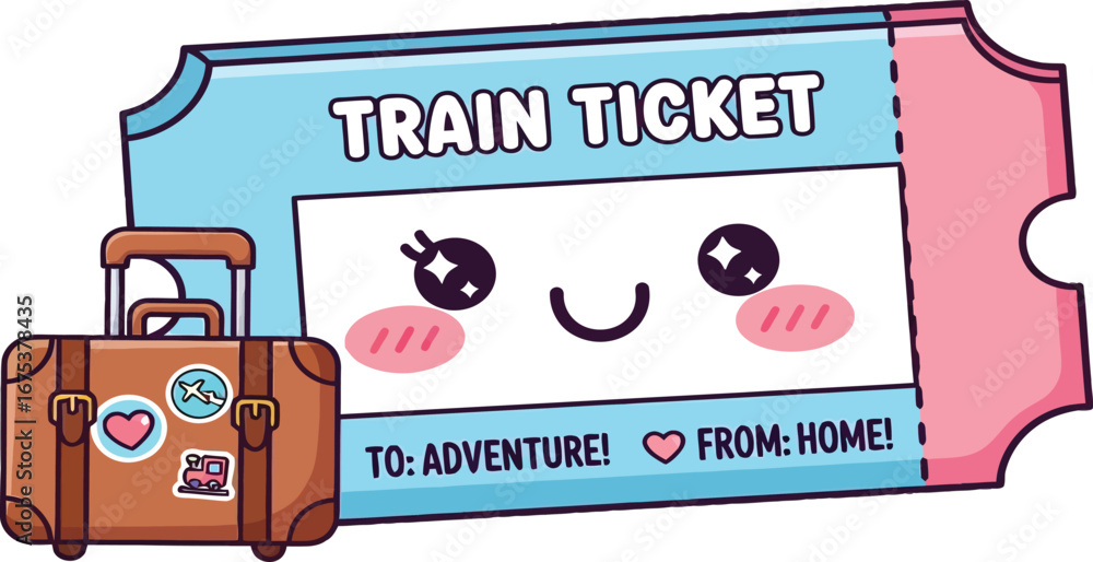Naklejka premium Cartoon Train Ticket and Suitcase for Adventure Travel.