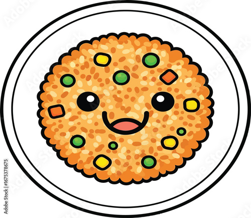 Cute Kawaii Fried Rice Character Smiling Food Illustration.