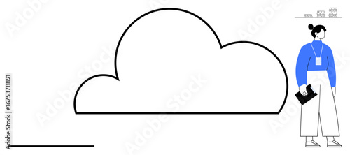 Woman holding a folder stands near an outlined cloud, symbolizing digital storage, cloud computing, or technology. Ideal for technology, networking, data sharing, connectivity, innovation