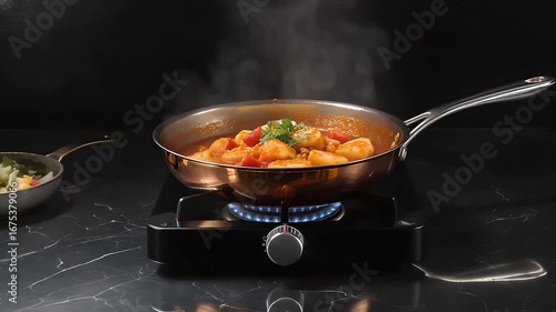 Gourmet Italian gnocchi simmering in a rich tomato sauce, steaming hot in a copper skillet on a modern gas stove against a dark background