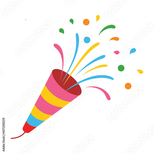 A colorful illustration of a festive party popper exploding with confetti.


