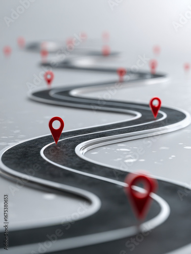 A winding race track with multiple red location markers stretching into the distance, symbolizing a journey filled with new destinations and adventures.