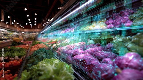 Digital Grocery: Immerse yourself in the future of grocery shopping with a vibrant display of fresh produce, enhanced by holographic digital overlays indicating information and.