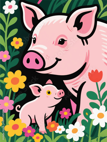 mother pig and piglets garden flower Illustrator Artwork design template poster