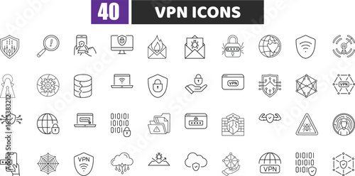 VPN Security Line Icons | Cyber Protection, Privacy, and Data Encryption Symbols
