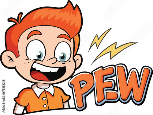 Cartoon Boy Saying Pew with Lightning Bolts on transparent background