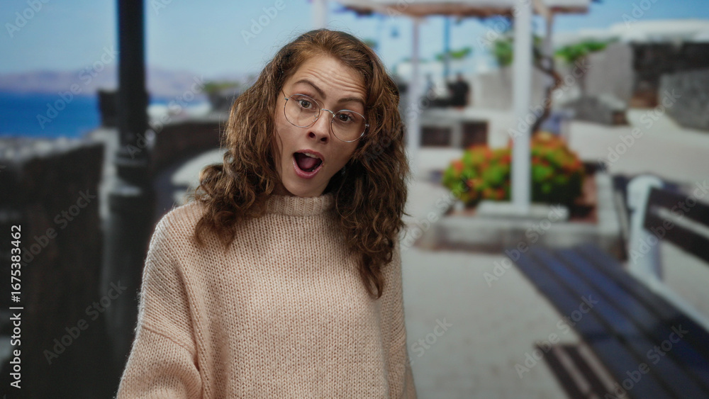 Fototapeta premium Woman with glasses enjoying a sunny day on a seaside promenade, surrounded by scenic views, wearing a cozy sweater, with a beach backdrop and vibrant flowers.