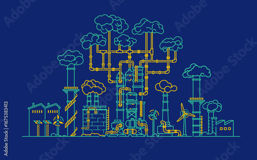 concept of green factory, lined graphic of industry buildings  combined with tree