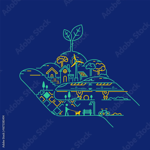 concept of eco-city or green city, lined graphic of hand holding leaf with ecology element 