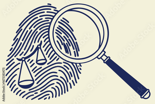 Fingerprint with magnifying glass in flat design illustrating justice