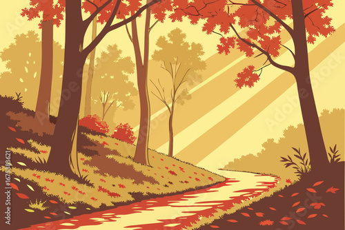 Movement along autumn forest path illuminated by sunlight from first person view