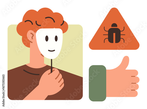 Person holding a mask in front of face beside a caution triangle with a bug icon and thumbs-up gesture. Ideal for concepts thumbs up deception, caution, cybersecurity, approval, identity, trust