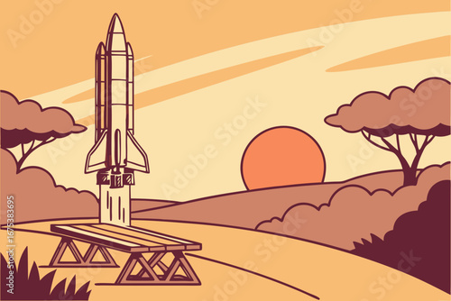 Rocket taking off from table leaving clouds of smoke at sunset