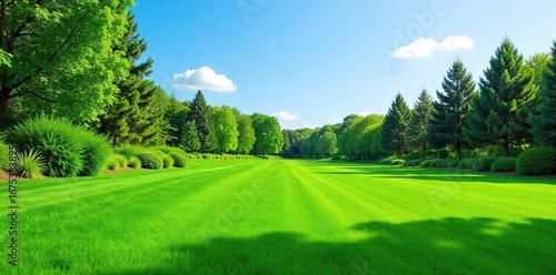 Lush green Canadian lawn, perfectly manicured with vibrant emerald grass under a clear blue sky Ideal for landscaping, gardening, and real estate imagery , summer, leaf