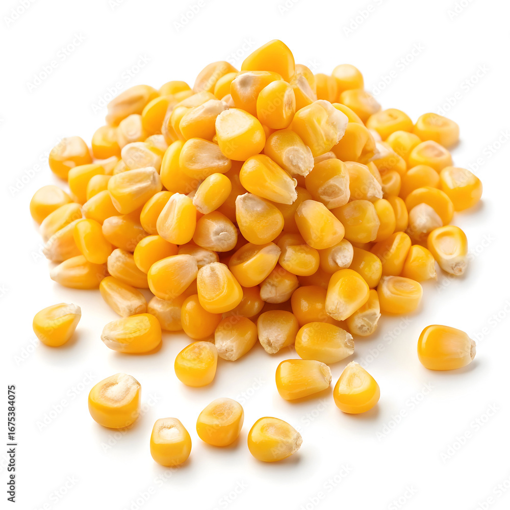 Fototapeta premium Golden corn kernels scattered on a white background, showcasing their plump texture,