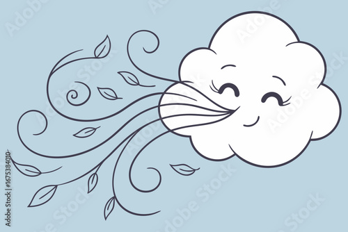 Wind blowing through fluffy cloud icon representing clean air and ecology