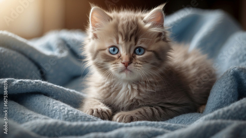 Blue eyed kitten sleeping in a blanket, kitten