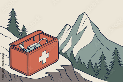 Compact first aid kit in mountain view, hiking essentials for safety