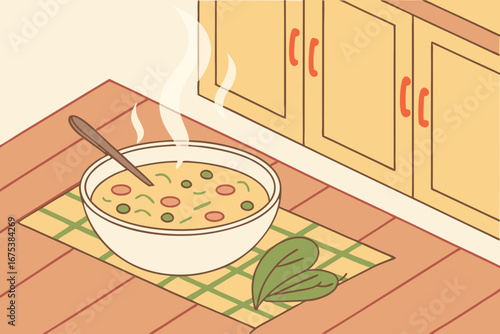 Creamy vegetable soup in white bowl on wooden table in kitchen